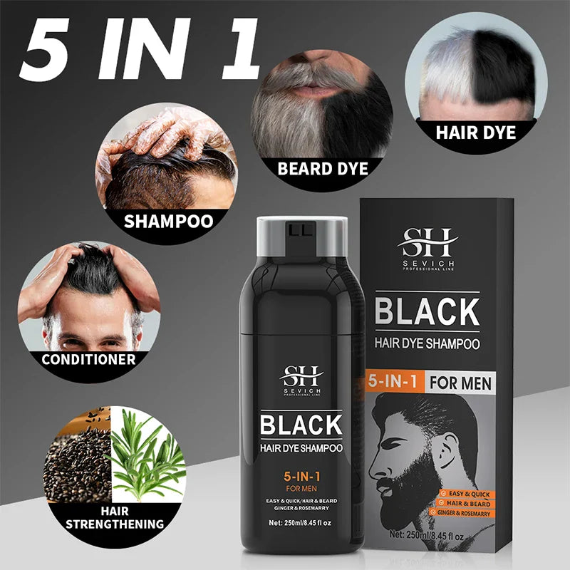 Shampoing colorant noir 5 en 1 avec sa boîte d’emballage de vente au détail.