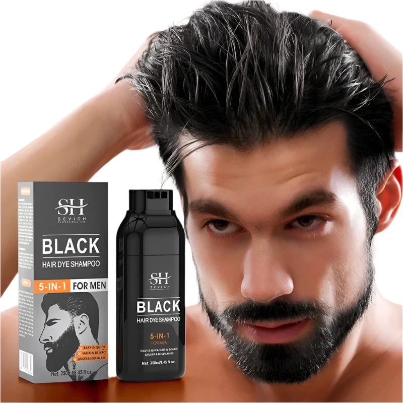 Shampoing colorant pour cheveux noirs pour hommes avec sa boîte d’emballage.