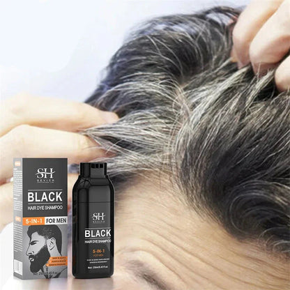 Shampoing colorant pour cheveux noirs avec sa boîte d’emballage.