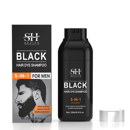 Shampoing colorant noir pour homme dans un flacon foncé avec sa boîte d’emballage.