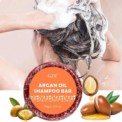 Barre de shampoing à l’huile d’argan étiquetée en orange avec un liseré décoratif marron.