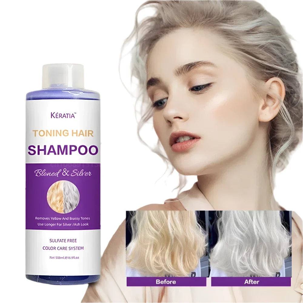 Flacon violet de shampooing tonique Keratia pour cheveux blonds et argentés.