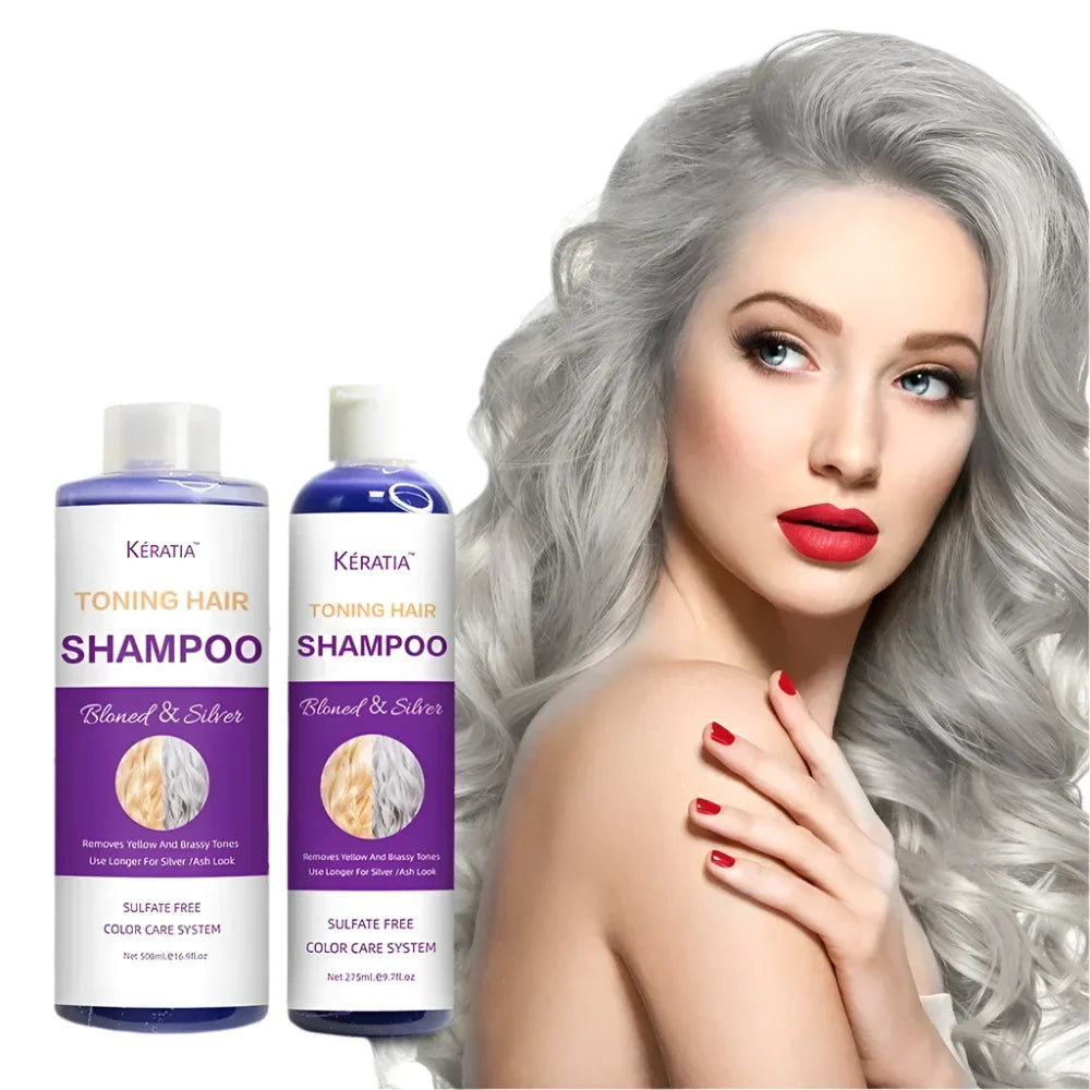 Flacons de shampoing tonique violet pour les cheveux blonds et argentés.