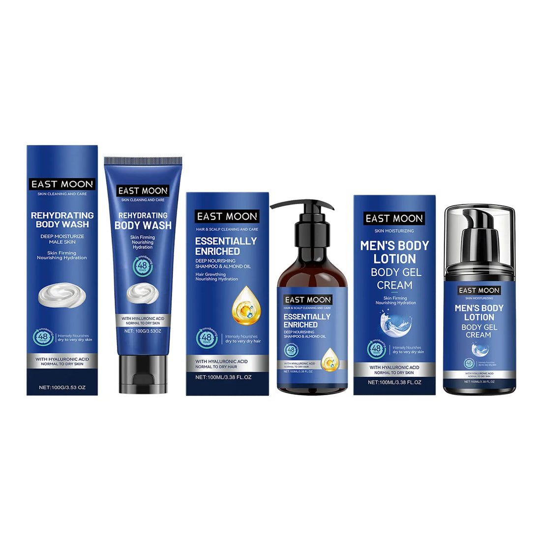 Collection de produits de soins pour la peau et le corps East Moon dans un emballage bleu.