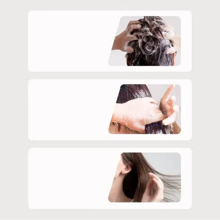 Trois étapes montrant des cheveux lavés et rincés avec du shampoing.