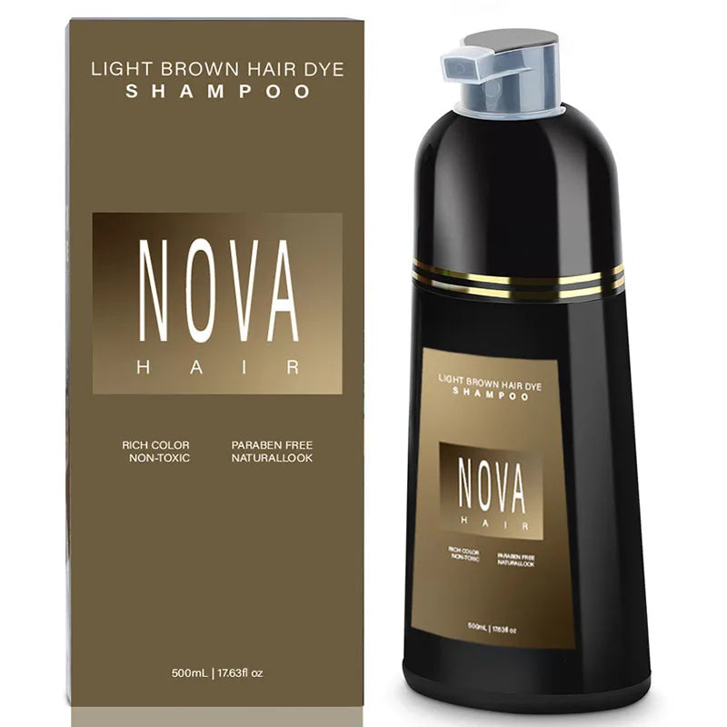 Flacon noir de shampoing colorant Nova brun clair avec sa boîte de produit.