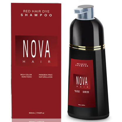 Bouteille noire de shampoing colorant Nova red avec une étiquette bordeaux.