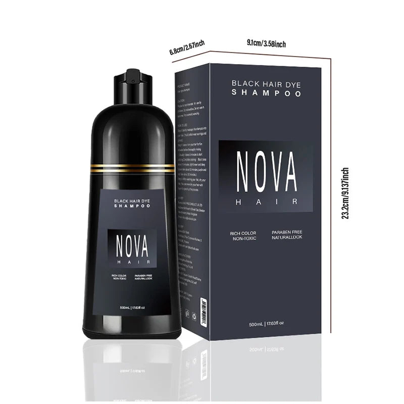 Flacon de shampoing colorant noir et emballage portant l’inscription ’NOVA Hair’ dans un design sombre et élégant.