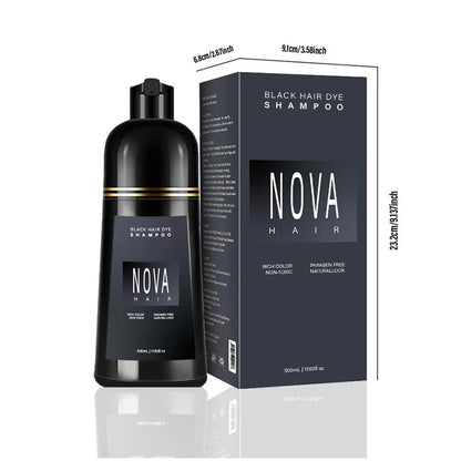 Flacon de shampoing colorant noir et emballage portant l’inscription ’NOVA Hair’ dans un design sombre et élégant.