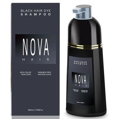 Bouteille de shampoing colorant noir et emballage portant la marque ’NOVA HAIR’.