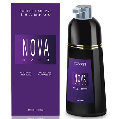 Bouteille et emballage de shampoing colorant pour cheveux violets de la marque Nova Hair.