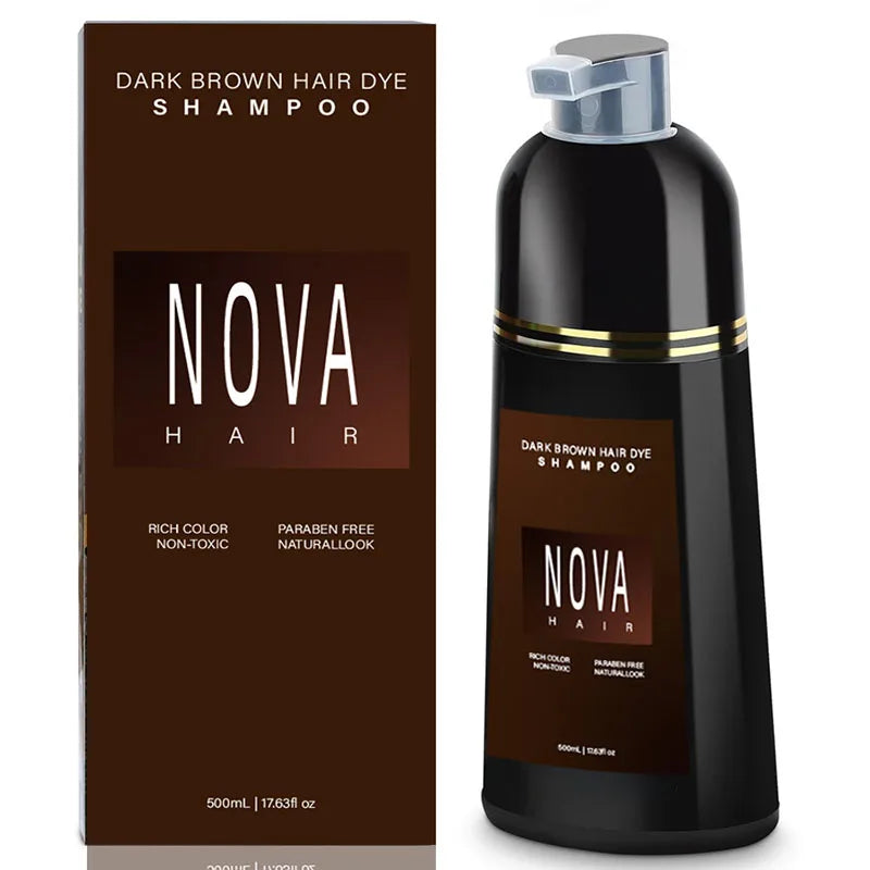 Bouteille et emballage de shampoing colorant pour cheveux brun foncé de Nova Hair.