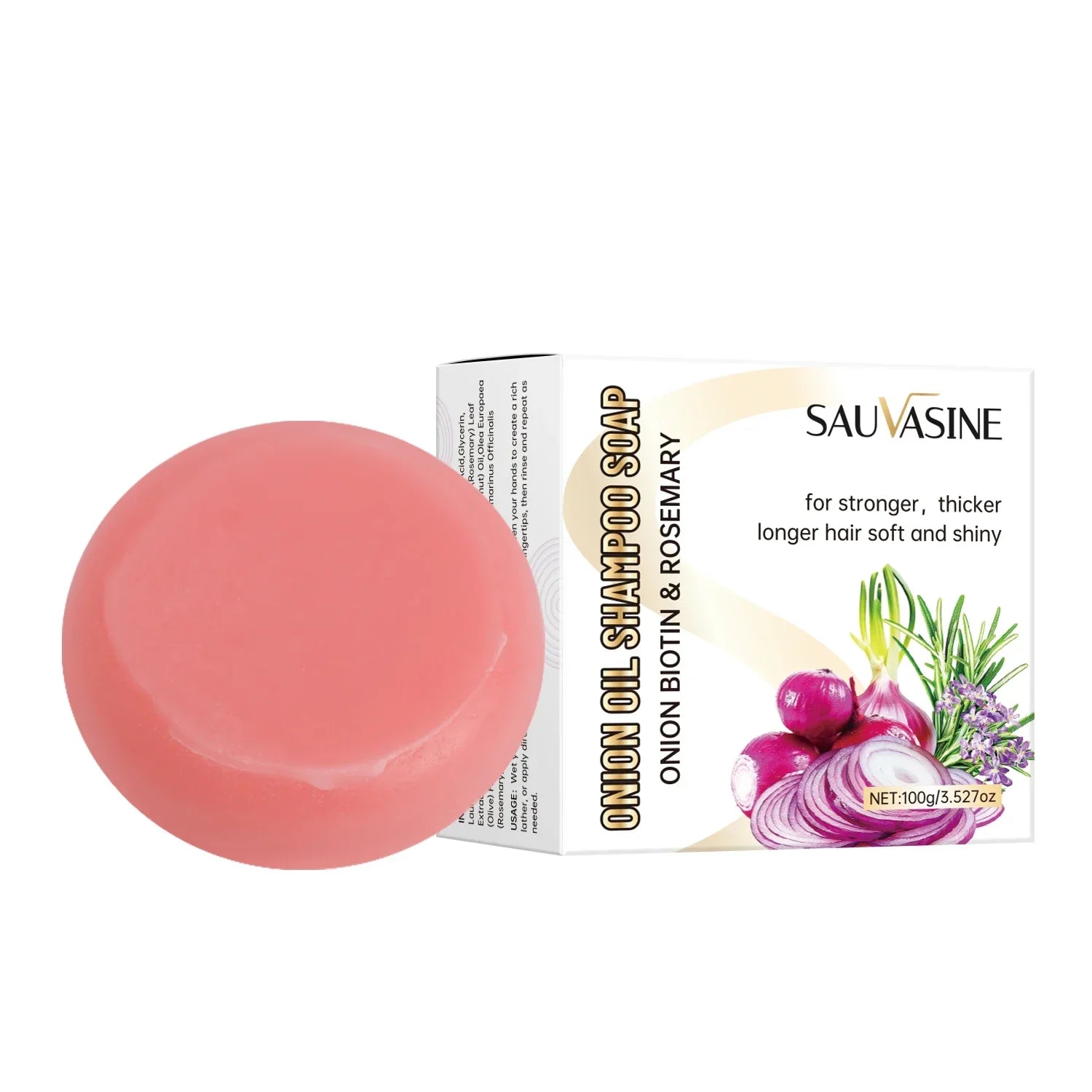 Barre de shampoing circulaire rose en forme d’oignon avec emballage floral.