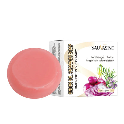 Barre de shampoing circulaire rose en forme d’oignon avec emballage floral.