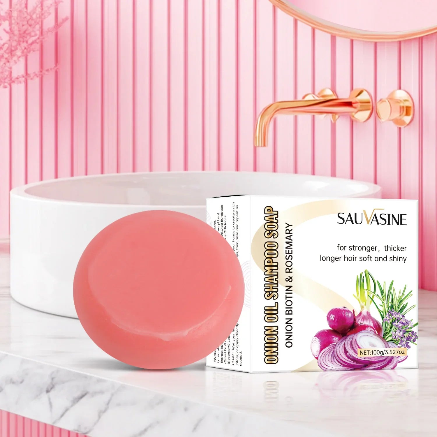 Barre de savon circulaire rose avec sa boîte d’emballage de produit présentant des ingrédients botaniques.