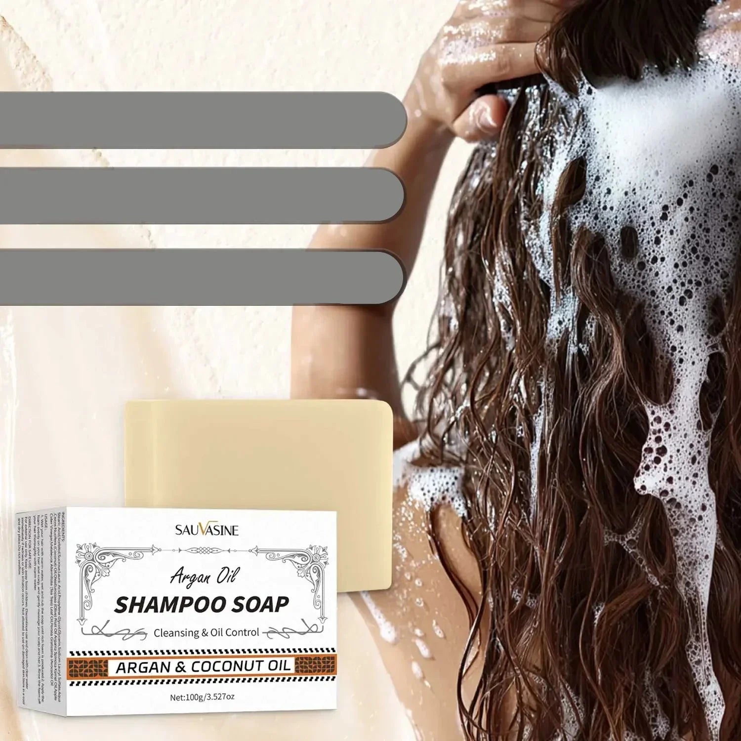 Savon shampoing à l’huile d’argan et à l’huile de coco avec emballage blanc.