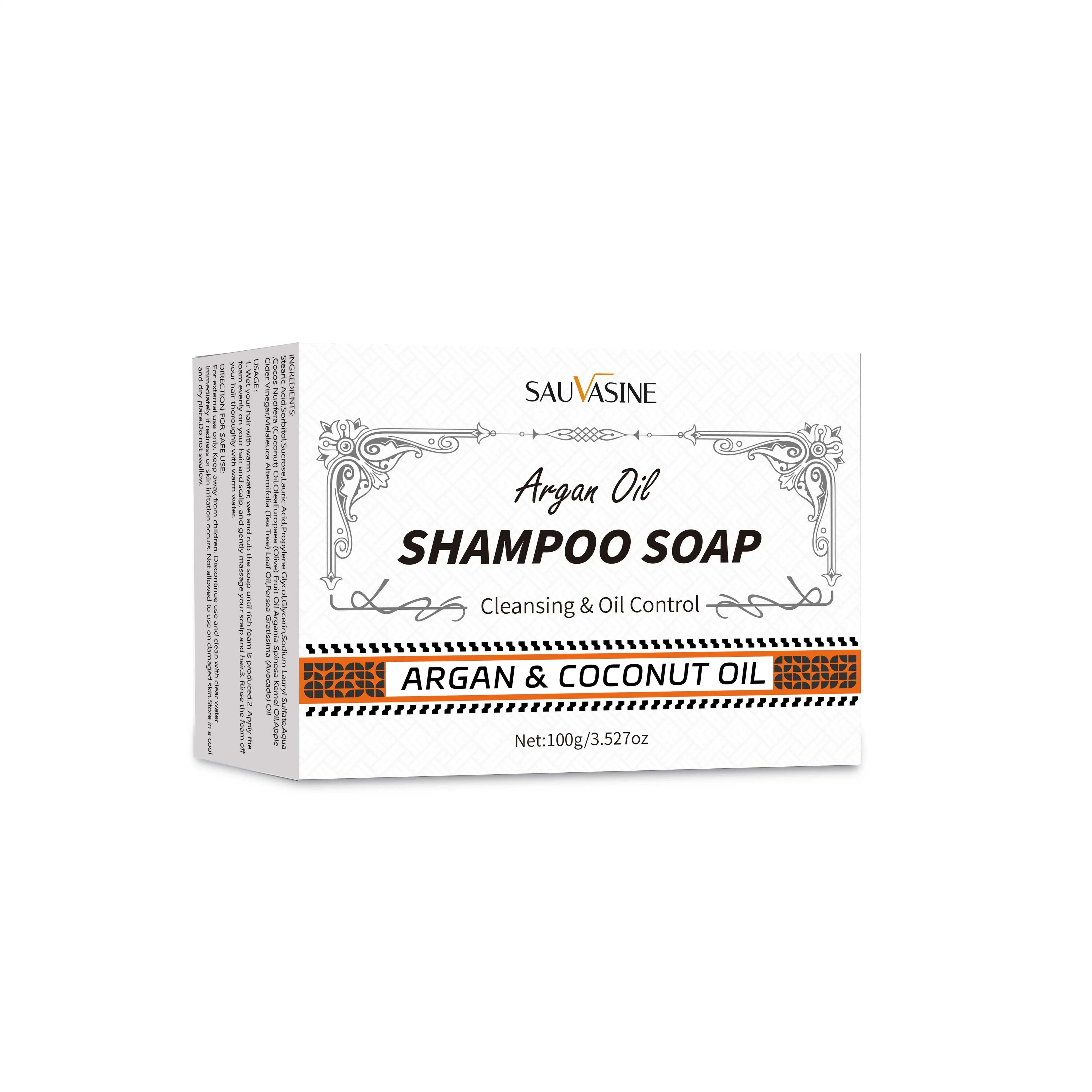 Savon shampoing en boîte blanche à l’huile d’argan et de coco.