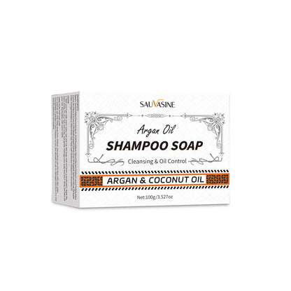 Savon shampoing en boîte blanche à l’huile d’argan et de coco.