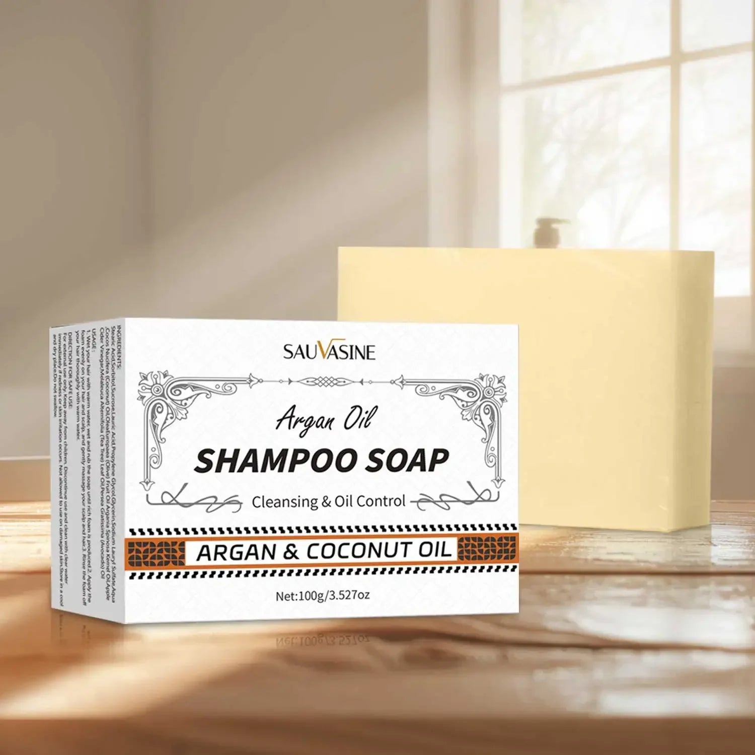 Savon shampoing en boîte blanche contenant des huiles d’argan et de coco.