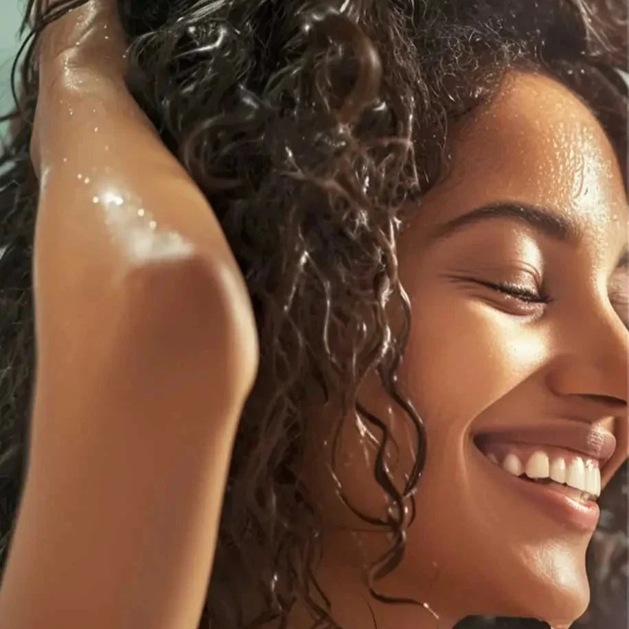 Un sourire radieux capturé dans la lumière chaude du soleil avec des cheveux bouclés encadrant le profil.