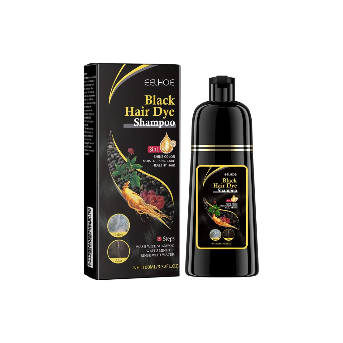 Flacon de shampoing colorant noir et sa boîte d’emballage aux accents dorés.