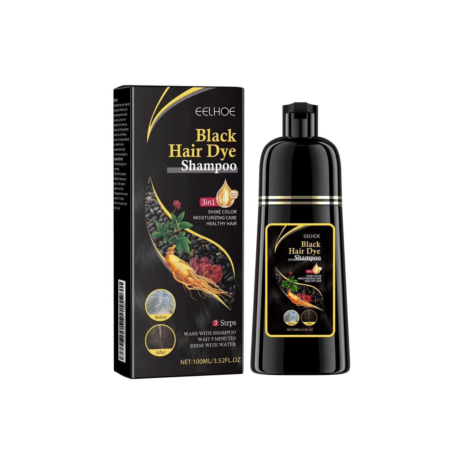 Flacon de shampoing colorant noir et sa boîte d’emballage aux accents dorés.