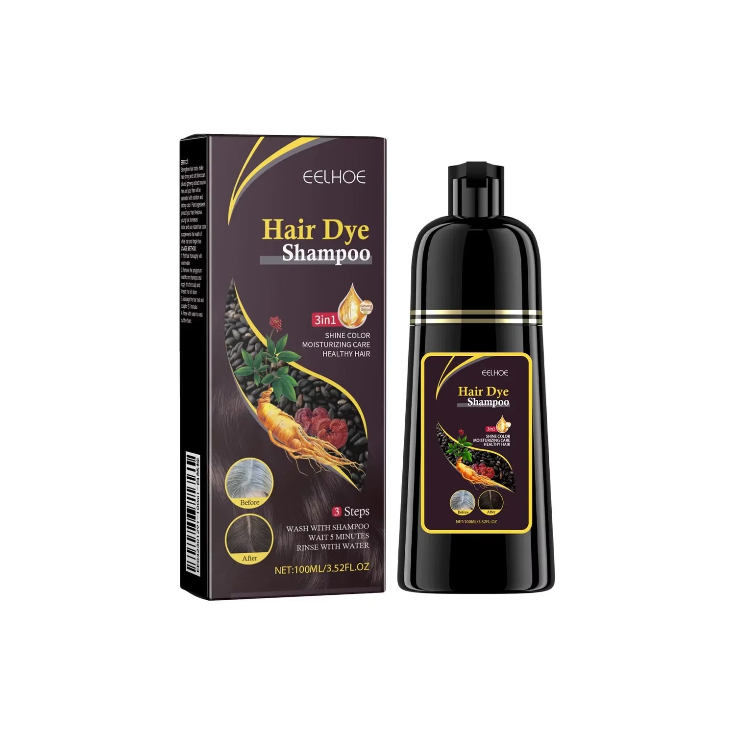 Flacon de shampoing colorant noir avec des accents dorés et sa boîte de produit.