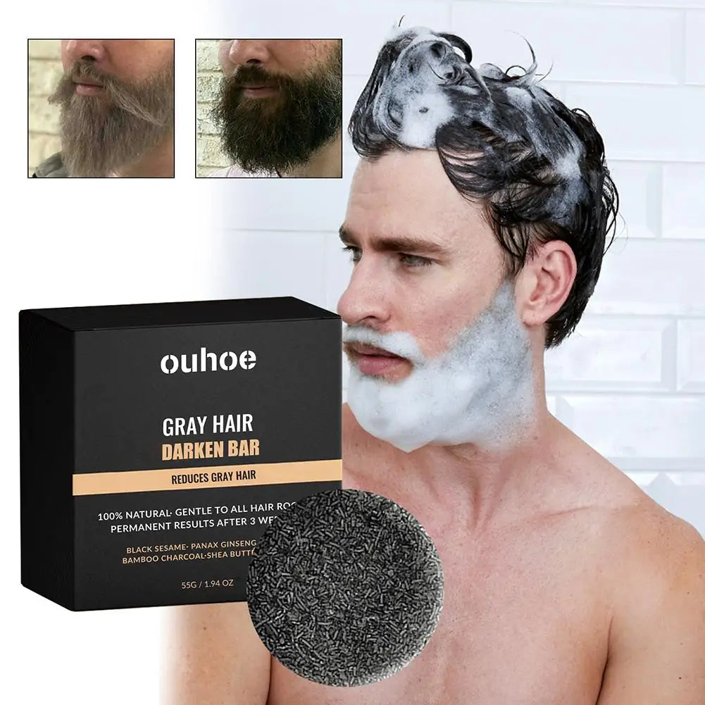 Savon noir pour cheveux gris dans un emballage noir pour le traitement de la barbe et des cheveux.