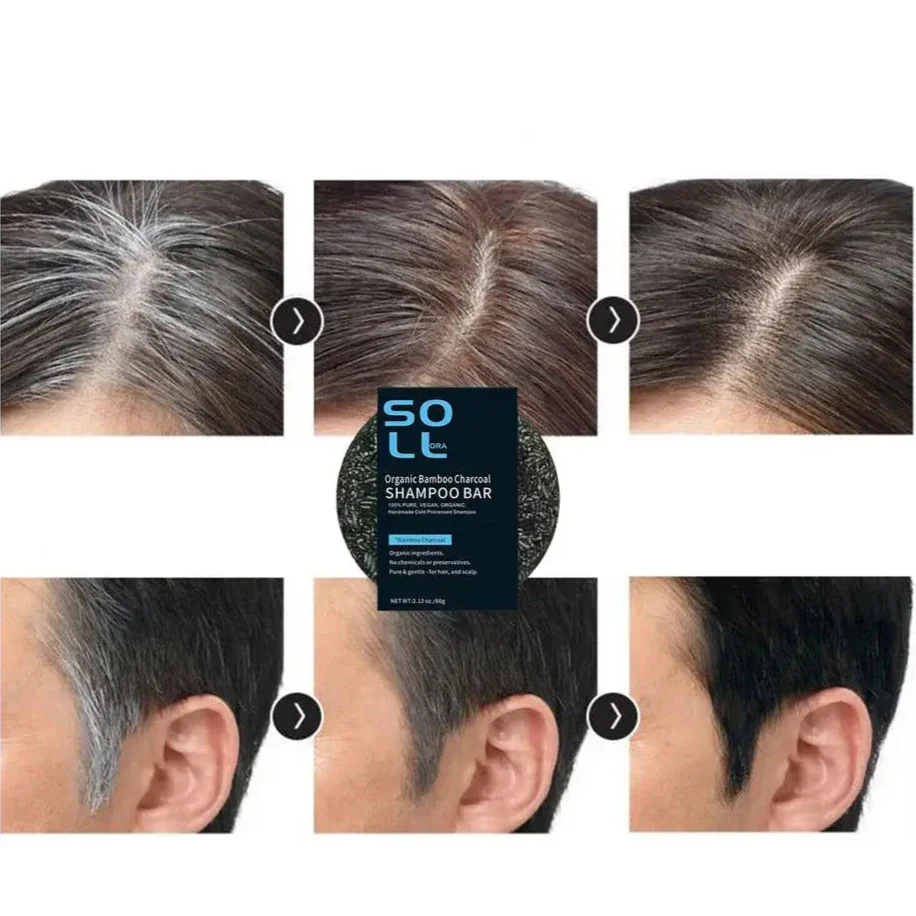 Produit de teinture pour cheveux montrant les résultats avant et après la couverture des cheveux gris.