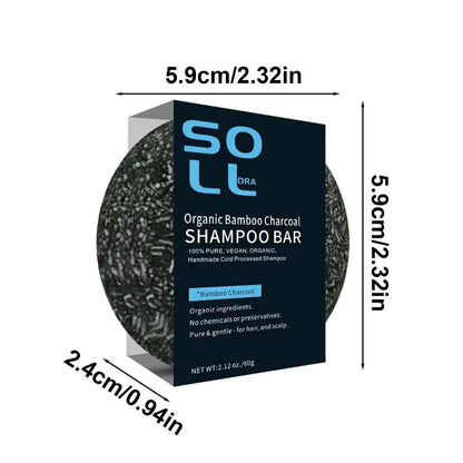 Barre de shampoing circulaire noire en bambou avec marquage bleu ’SO’.