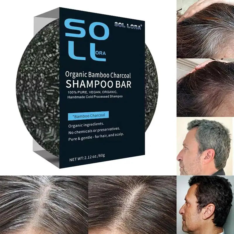 Barre de shampoing biologique au charbon de bambou en gris foncé avec emballage bleu.