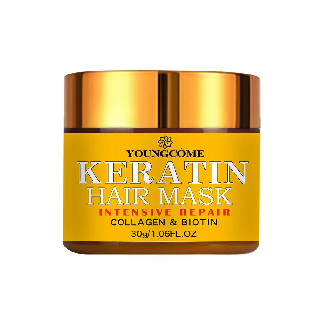 Pot doré de masque capillaire Youngcome Keratin contenant du collagène et de la biotine.