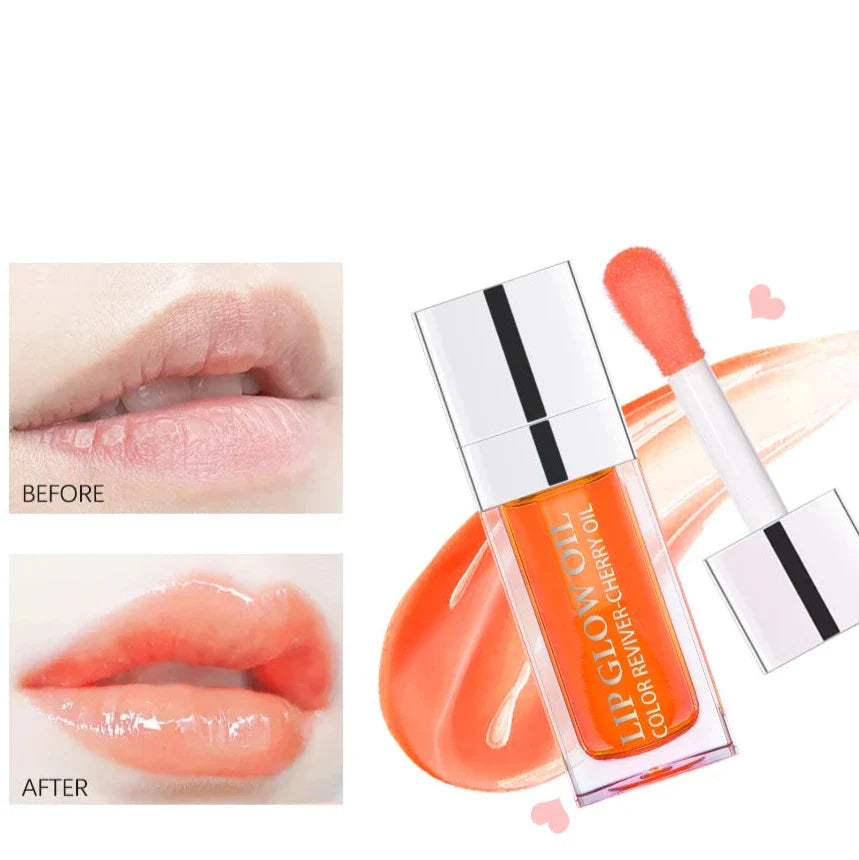 Gloss pour les lèvres teinté d’orange avec des photos avant et après l’application montrant l’effet de la couleur.