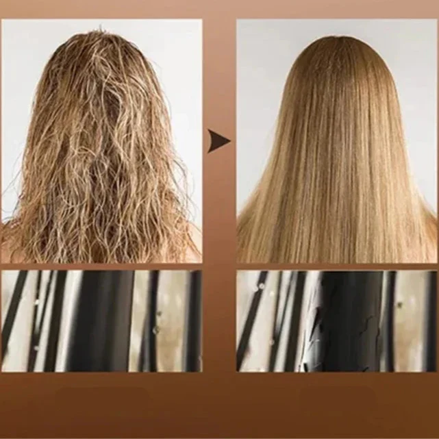 Photos avant et après de cheveux blonds crépus transformés en cheveux blonds lisses et raides.