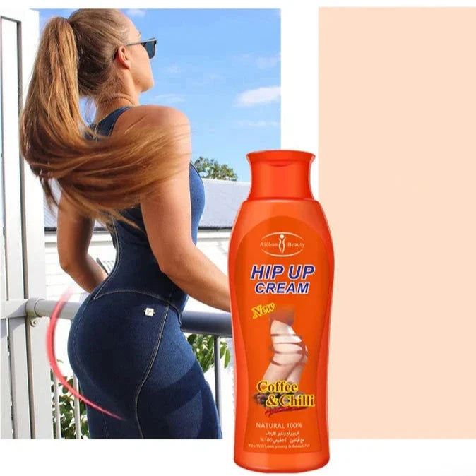 Flacon orange de lotion corporelle ’Hip Up Cream’.