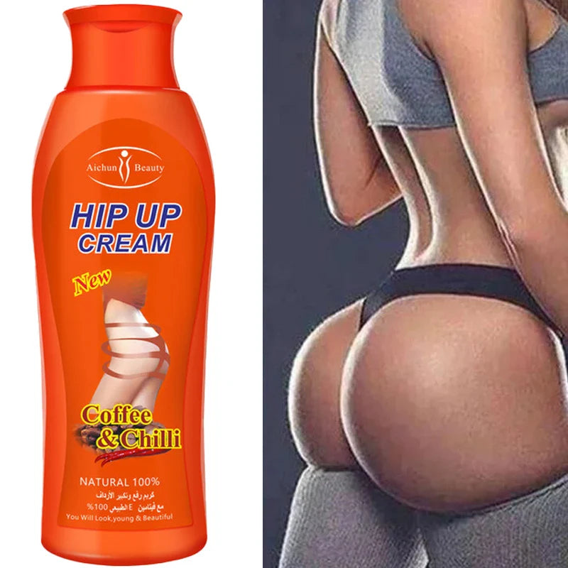 Bouteille orange de ’Hip Up Cream’ avec des ingrédients à base de café et de piment.