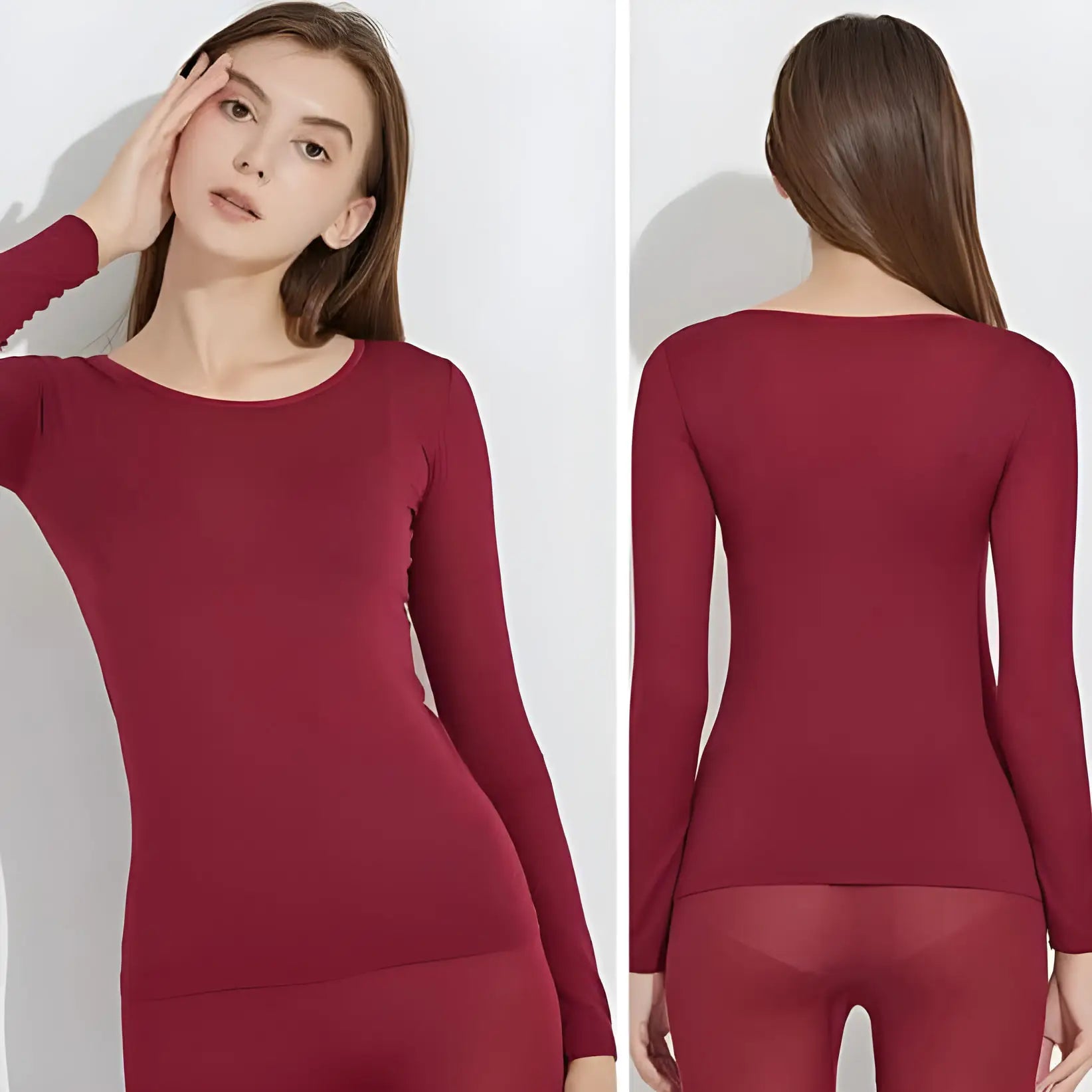 Haut ou robe à manches longues de couleur bordeaux, de forme ajustée, vu de face et de dos.