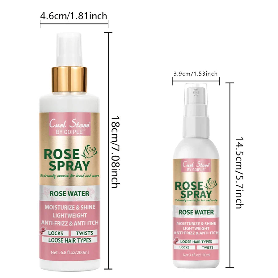 Flacon pulvérisateur d’eau de rose rose et blanche avec bouchon doré et motif floral sur l’étiquette.