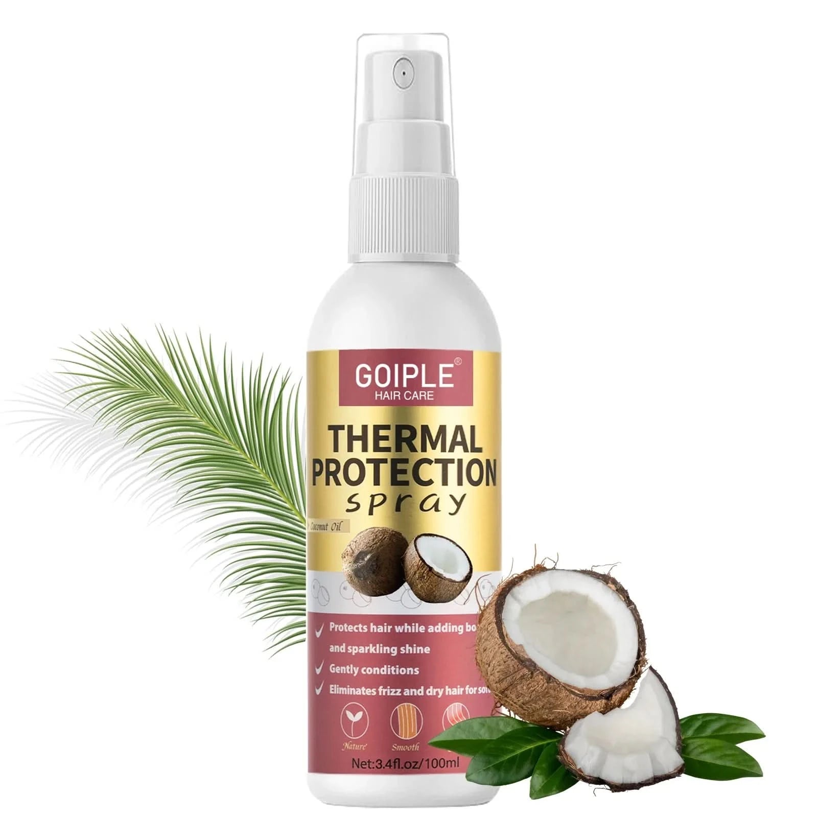 Vaporisateur blanc de produit capillaire de protection thermique à base de noix de coco.