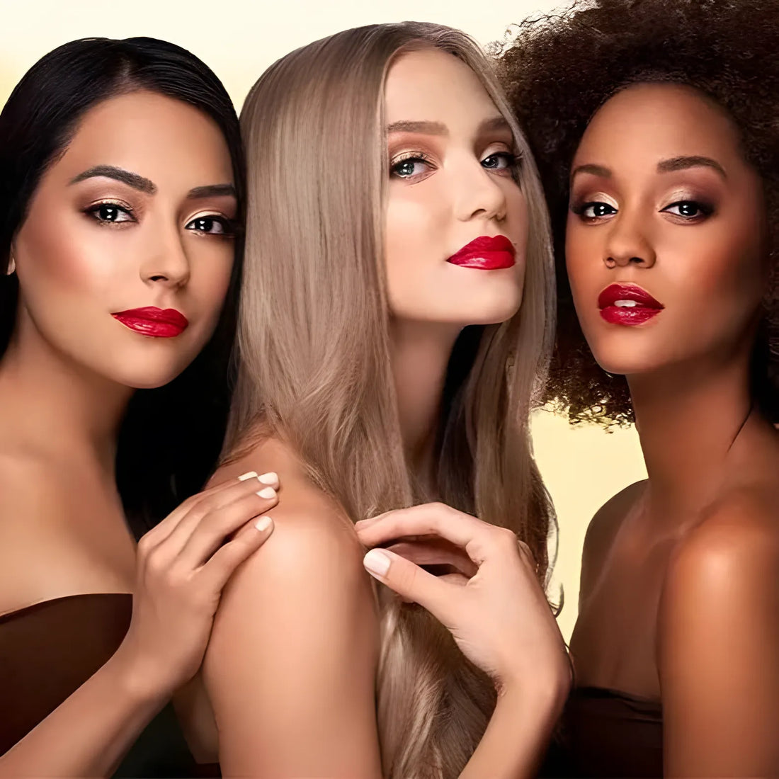 Trois mannequins portant du rouge à lèvres rouge et un maquillage glamour posent ensemble dans une publicité pour des produits de beauté.