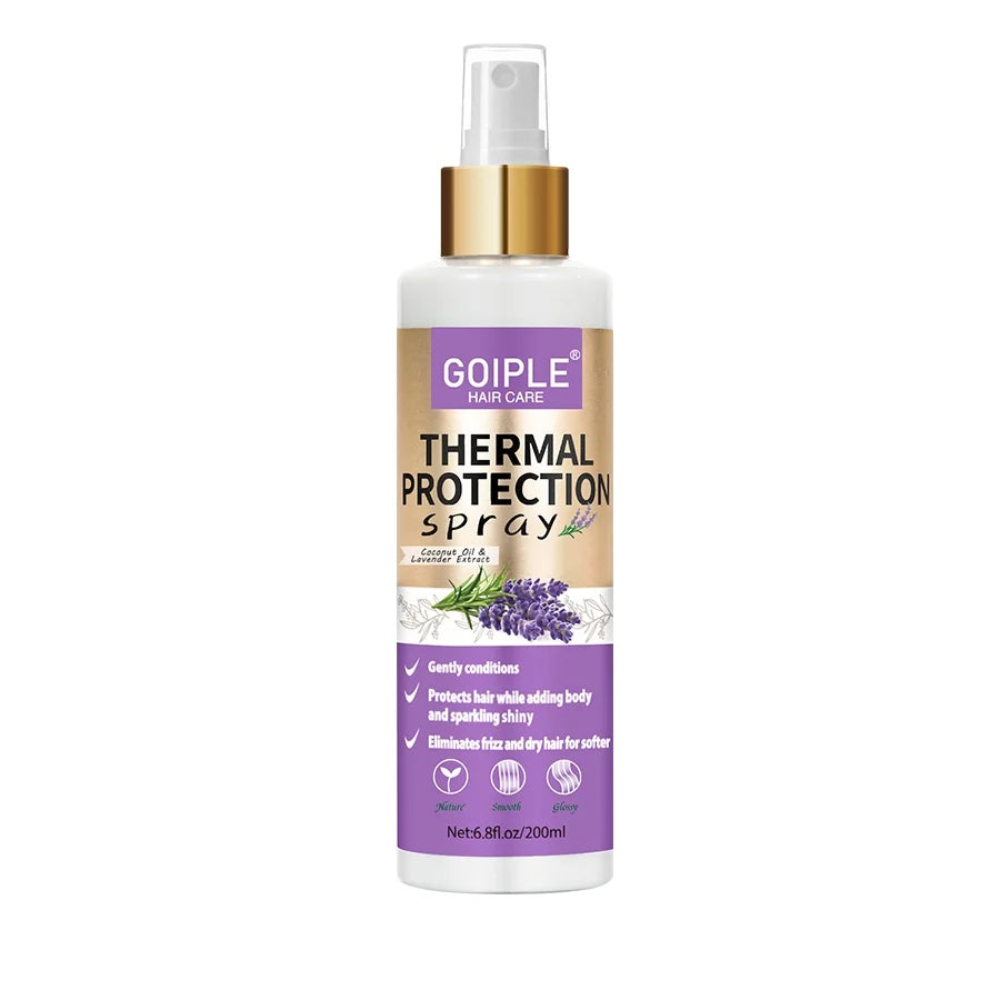 Flacon blanc de laque de protection thermique Goiple avec bouchon doré et étiquette violette.