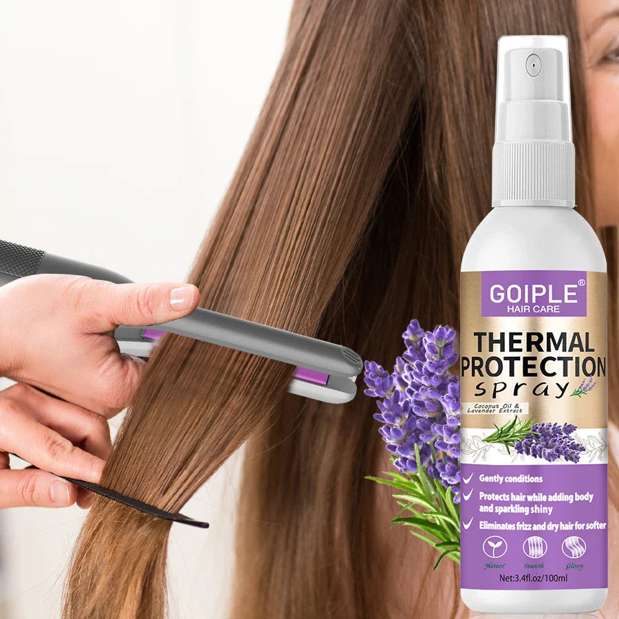 Flacon violet de laque de protection thermique Goiple avec motif de fleurs de lavande.