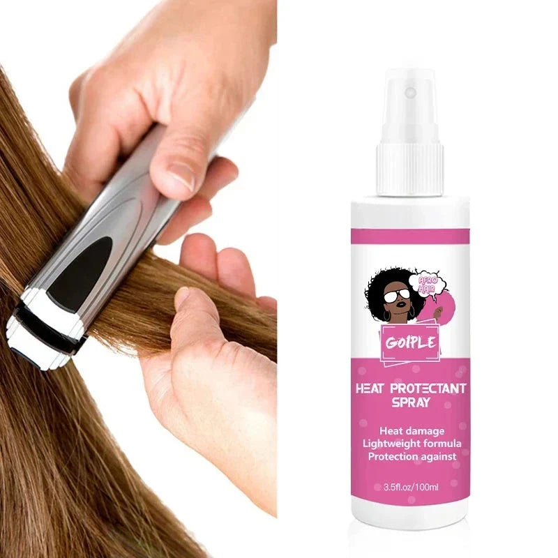 Spray thermoprotecteur pour la coiffure dans un flacon rose et blanc.