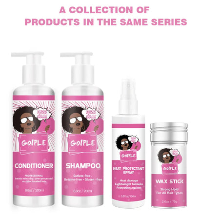 Collection de produits de soins capillaires roses comprenant un shampooing, un après-shampooing, un produit de protection contre la chaleur et un bâton de cire avec une marque de personnage de bande dessinée.