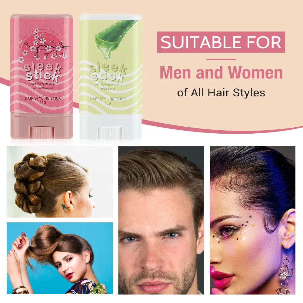 Produits coiffants présentés sous forme de bâtonnets roses et verts, annoncés comme convenant à tous les styles de cheveux.