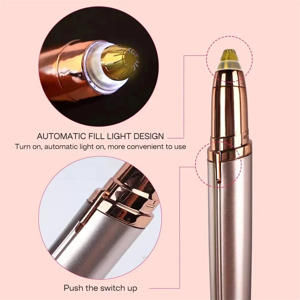 Tondeuse électrique pour sourcils de couleur or rose avec fonction d’éclairage automatique.