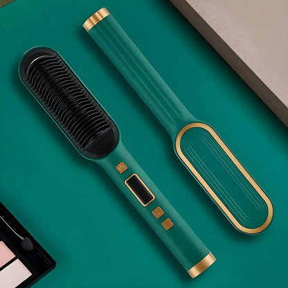 Brosse électrique à lisser les cheveux avec un manche vert et des accents dorés.