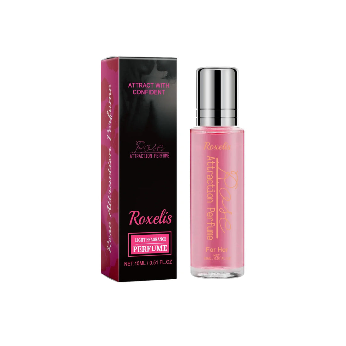 Flacon de parfum rose avec boîte d’emballage noire portant la marque ’Roxelis’.