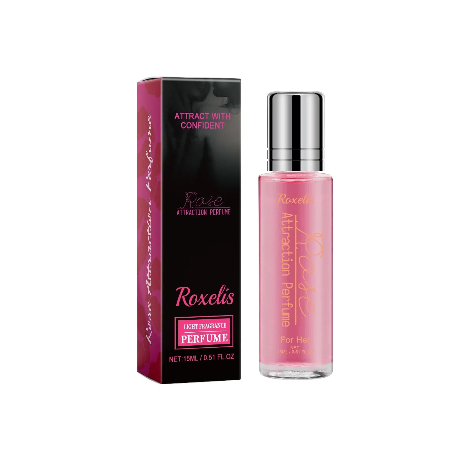 Flacon de parfum rose avec boîte d’emballage noire portant la marque ’Roxelis’.