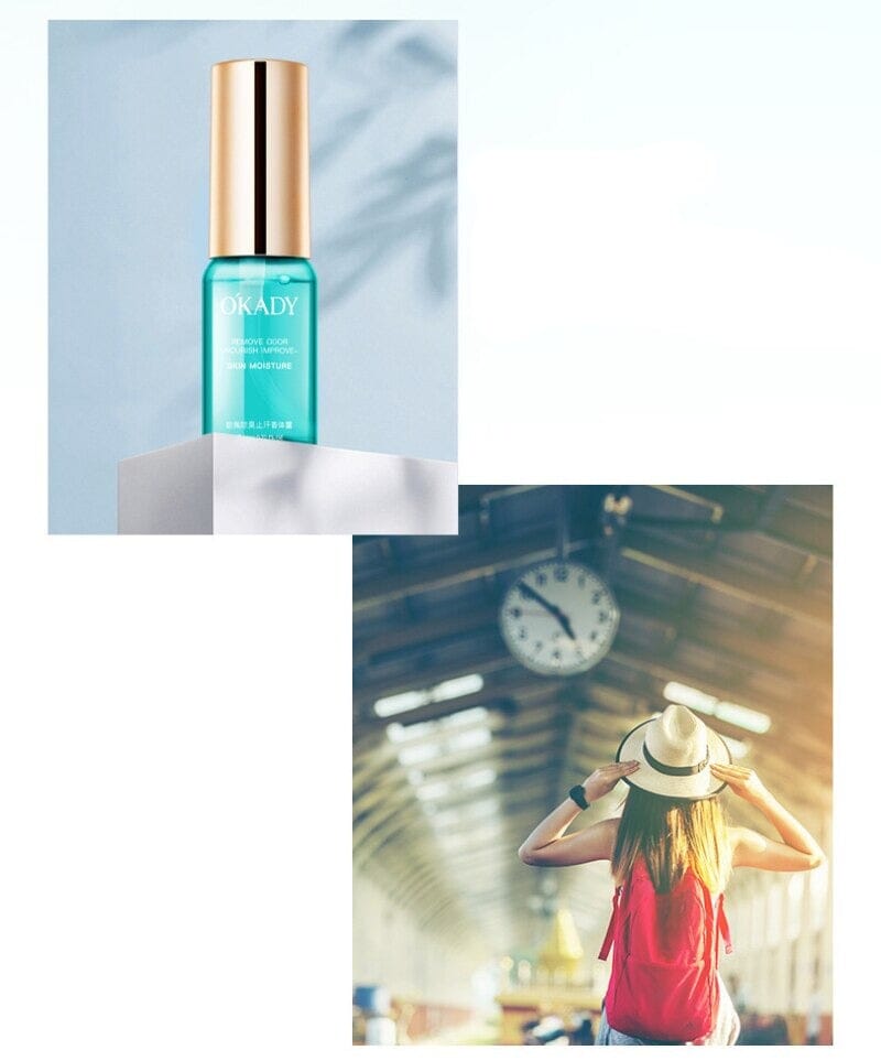 Flacon en verre turquoise avec bouchon doré contenant un sérum de beauté ou un produit de soin.